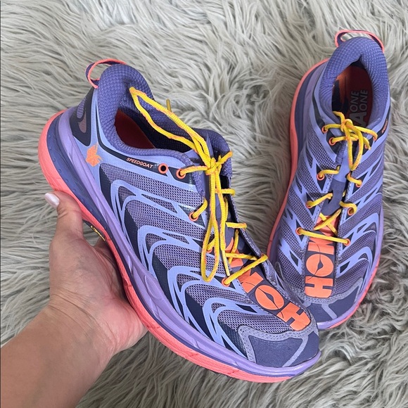 Hoka Shoes - Hoka Purple Coral Yellow Speedgoat Women's Trail Shoes
(9.5)